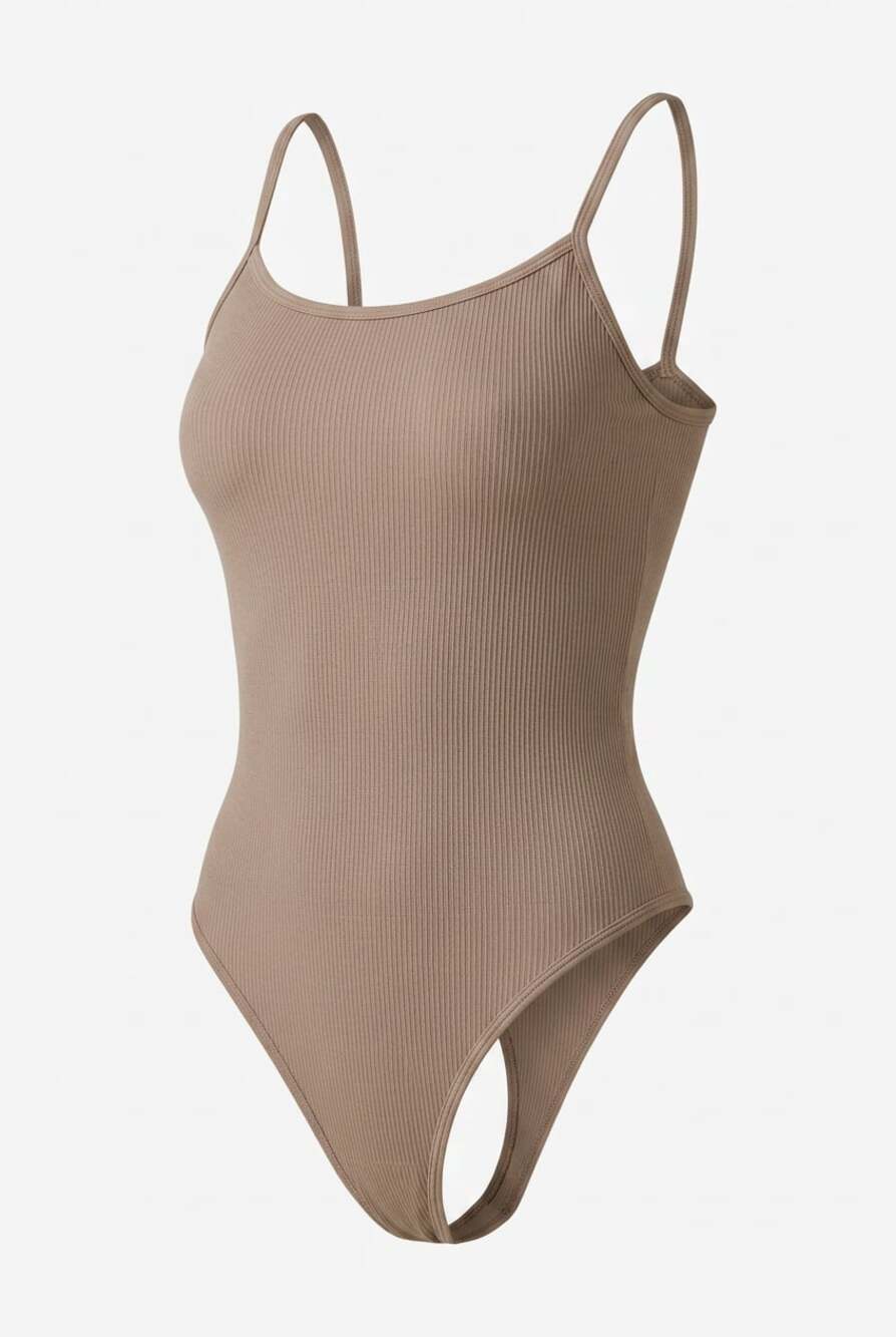 GOQQ Seamless Ribbed Spaghetti Strap Thong Bodysuit Brown Size M